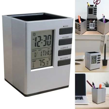 Pen Holder with Digital Watch - Silver